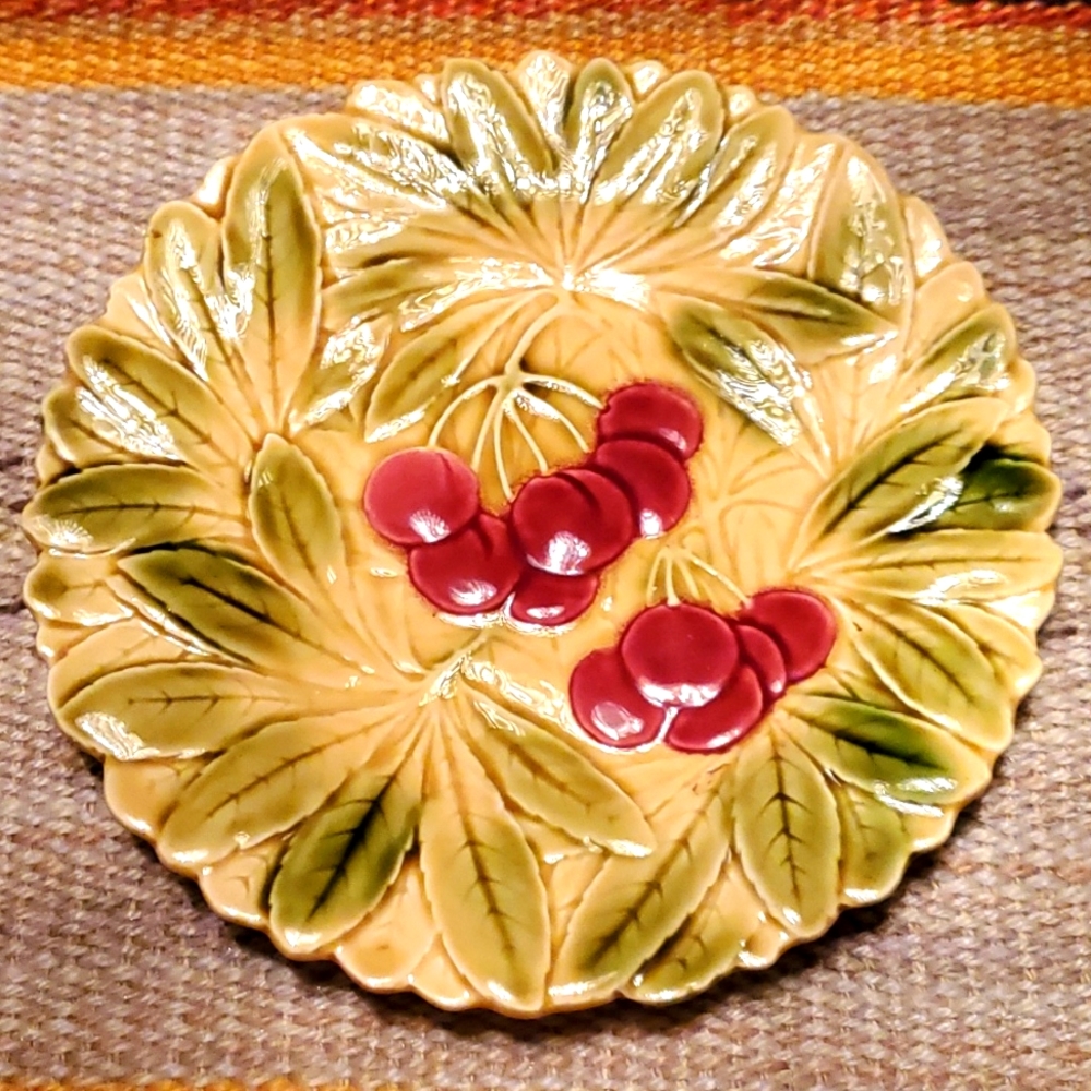 Vintage Majolica cherry dessert plate by Sarreguemines